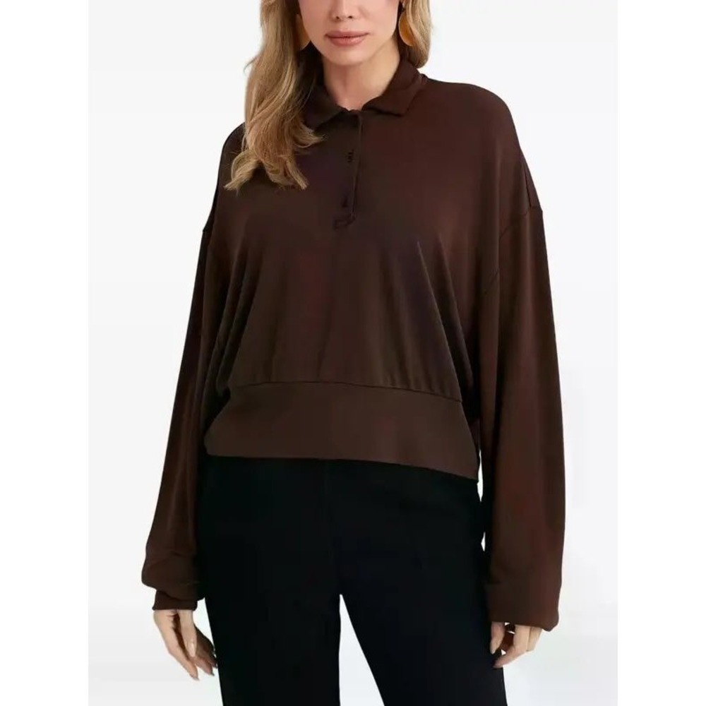 Aya Muse Buttoned Polo Top Brown Long Sleeve Viscose Size Medium